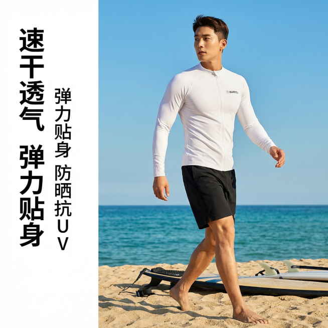 [主图 2] 韩国男模特穿着白色拉链冲浪服和黑色沙滩短裤行走在沙滩上
[氛围风格] 夏日活力户外风格，自然阳光氛围，动态休闲感。
[画面元素] 商业摄影质感，光线柔和通透，产品清晰真实，画面干净高级。预览效果