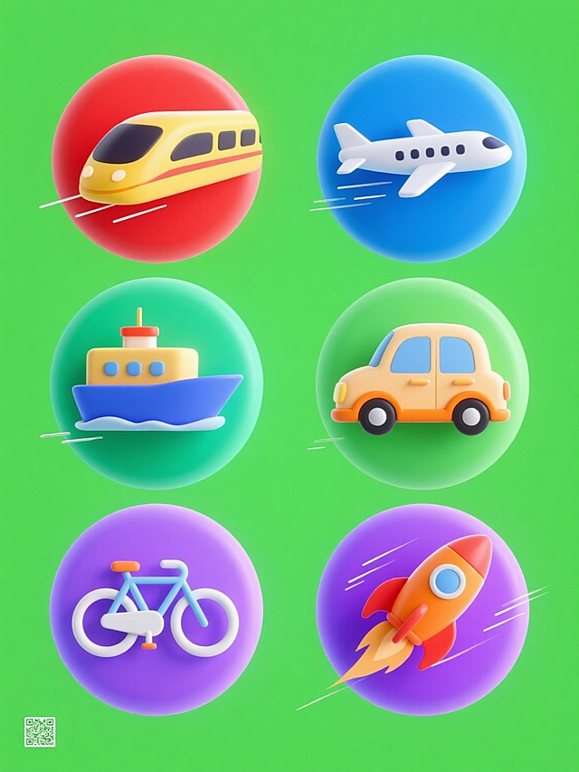 3D卡通风插画，六个不同交通工具元素（高铁、飞机、轮船、汽车、自行车、火箭）规整排布，每个元素保持圆润简约造型和光滑渐变质感，分别采用红、黄、蓝、绿、紫、橙纯色背景，元素主体色彩与背景对比鲜明，边缘有轻微高光和速度感线条装饰，整体风格统一，画面简洁明快，无文字和二维码。