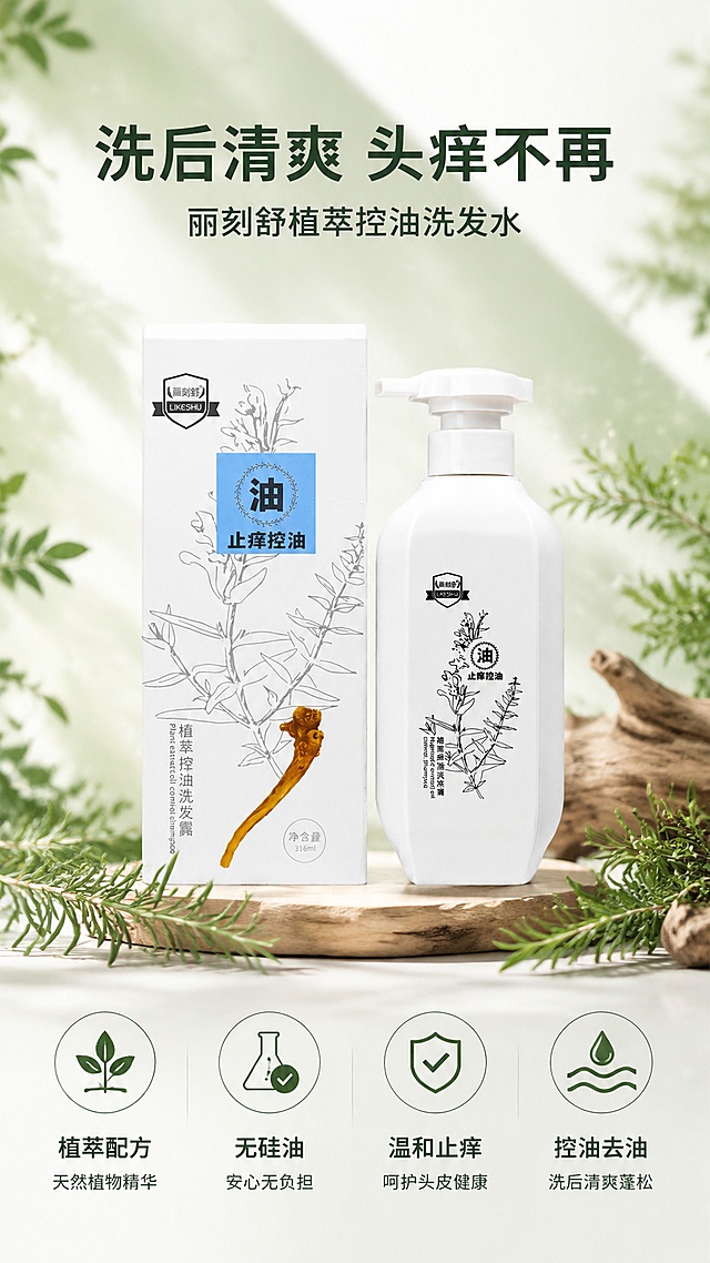 「图片1」，生成一套详情页，商品名称为丽刻舒止痒去油洗发水，适配抖音/快手平台，单图比例为9:16，需求屏数为8张。