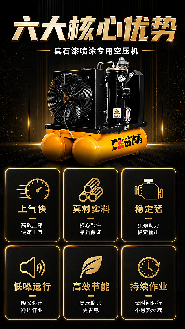 [商品] 使用【图1】黄黑配色空压机产品图；保留产品全部结构、颜色、铭牌、警示标等细节；将产品缩小放置在画面顶部或一侧作为展示，不改变产品结构比例，增强金属光泽与工业质感。
[画面] 核心卖点总览页面，竖版9:16构图。顶部约20%为标题区，主副标题居中。下方约75%为6个金色圆角卖点卡片，分2排3列排列，每卡含金色图标+标题+简短说明。产品小图放置在顶部标题区下方居中或右上角点缀。背景为深黑色渐变，带有细微金色颗粒质感和竖向暗纹。
[视觉] 套系策略：风格=黑金高级工业风，深色背景+金色金属质感文字与装饰，高端商业摄影质感；标题字=粗厚金属立体字，金色渐变+金属光泽，厚重有力；正文字=简洁无衬线黑体，白色/浅金色；主色=深黑（#0A0A0A至#1A1A1A渐变）；背景延展=黑色渐变+金色颗粒质感+竖向暗纹+金色光带装饰；强调色=金属金（#D4AF37至#FFD700渐变），仅用于标题、图标、卡片描边、光效；标题色=金属金色；正文色=白色/浅金色；组件=金色描边深色圆角信息卡、金色线性图标、金色分割线、微光效；光影=整体暗调，卡片有金色发光边框效果，层次分明。
[文字] 顶部主标题"六大核心优势"（金色大字），副标题"真石漆喷涂专用空压机"（白色小字）。6个卖点卡片：1."上气快"-高效压缩 快速上气；2."真材实料"-核心部件 品质保证；3."稳定猛"-强劲动力 稳定输出；4."低噪运行"-降噪设计 舒适作业；5."高效节能"-高压缩比更省电；6."持续作业"-长时间运行不易热衰减。每卡配对应金色线性图标。所有文字横排，清晰可读。
[规格] 图片比例9:16竖版，4K，medium质量。避免变形、错字、文字过小、产品结构改变、冷蓝背景、白色背景、杂乱元素。