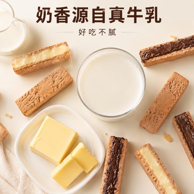 [主图6]巧克力三酥核心原材料奶香展示；[氛围风格]纯净原料展示，建立信任感；[画质]商业摄影质感、光线柔和通透、产品清晰真实、画面干净高级；[元素]保持巧克力三酥产品外观、物理结构、材质质感、颜色与预览效果