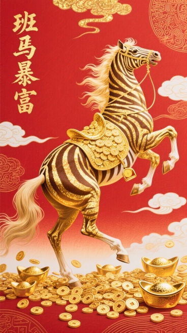 主角： 一匹金色奔腾的骏马，毛发如金丝般闪耀，四蹄腾空，鬃毛和尾巴在风中飞扬，展现出磅礴的气势和速度感；马身上出现金色和咖色相间的斑马样的条纹，色彩基调： 以中国红为主背景，可以是渐变红或传统朱砂红，预览效果