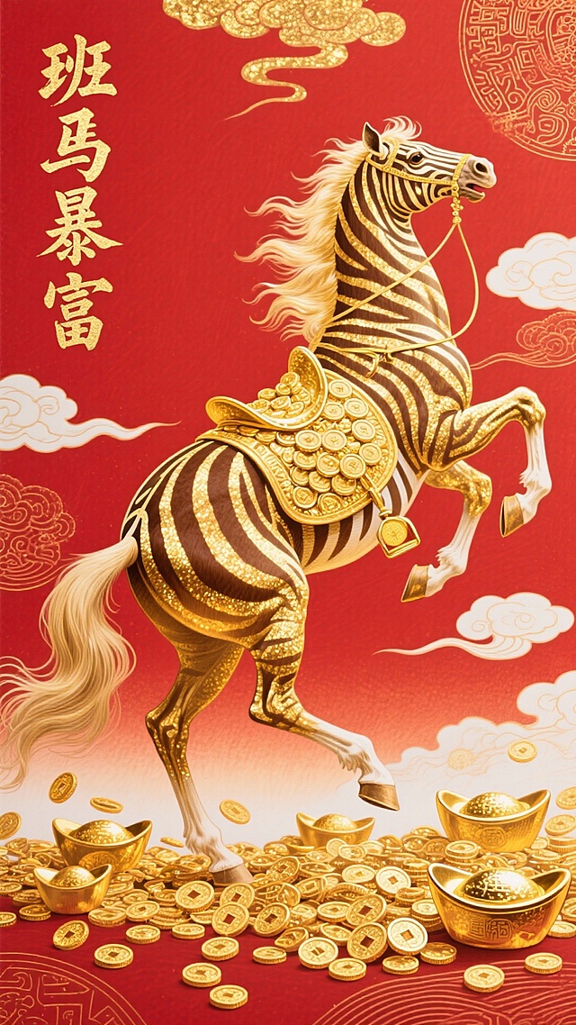 国潮风鎏金斑马踏金元宝，忙碌的“班马”暴富了，重拟物金属质感，中式祥云环绕，喜庆奢华迎新春。