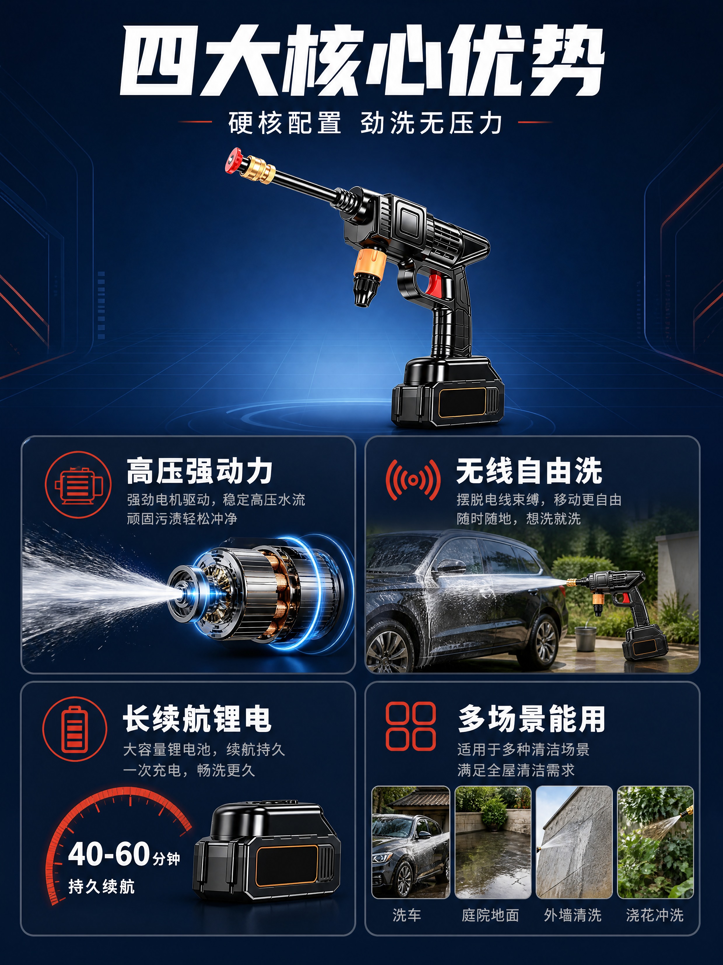 [商品] 使用【图1】无线高压洗车水枪；保留黑色枪身、黑色金属… - 图片创意预览