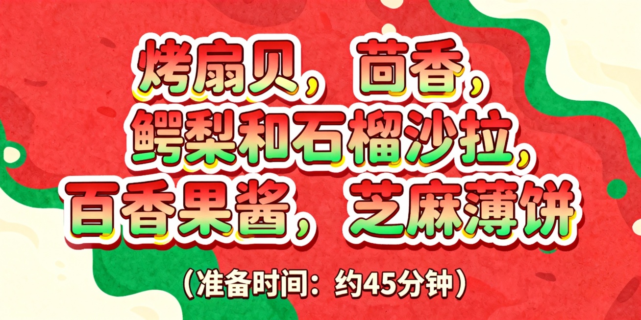 活泼可爱风格艺术字，内容为“烤扇贝，茴香，鳄梨和石榴沙拉，百香果酱，芝麻薄饼”和“（准备时间: 约45分钟）”。第一排主字采用红色与绿色渐变，搭配白色描边和黄色高光，字体圆润带卡通波浪边缘；第二排文字预览效果