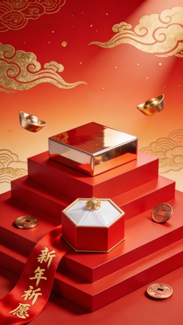中国传统新年主题3D渲染海报，整体采用正红色渐变背景，搭配金色点缀，营造喜庆热烈的节日氛围。画面中央为多层红色几何展台，底层为阶梯式平台，上层为方形展台，表面光滑有反光质感。展台前方放置一个六边形礼盒，礼盒为红色外壳搭配白色内衬，顶部有金色装饰。左下角有一条红色绸带，上面用金色毛笔字写着“新年祈愿”，绸带自然垂落并向右上方延伸。背景中分布着金色祥云图案，替代原有的烟花元素，祥云形态飘逸流畅，呈……预览效果