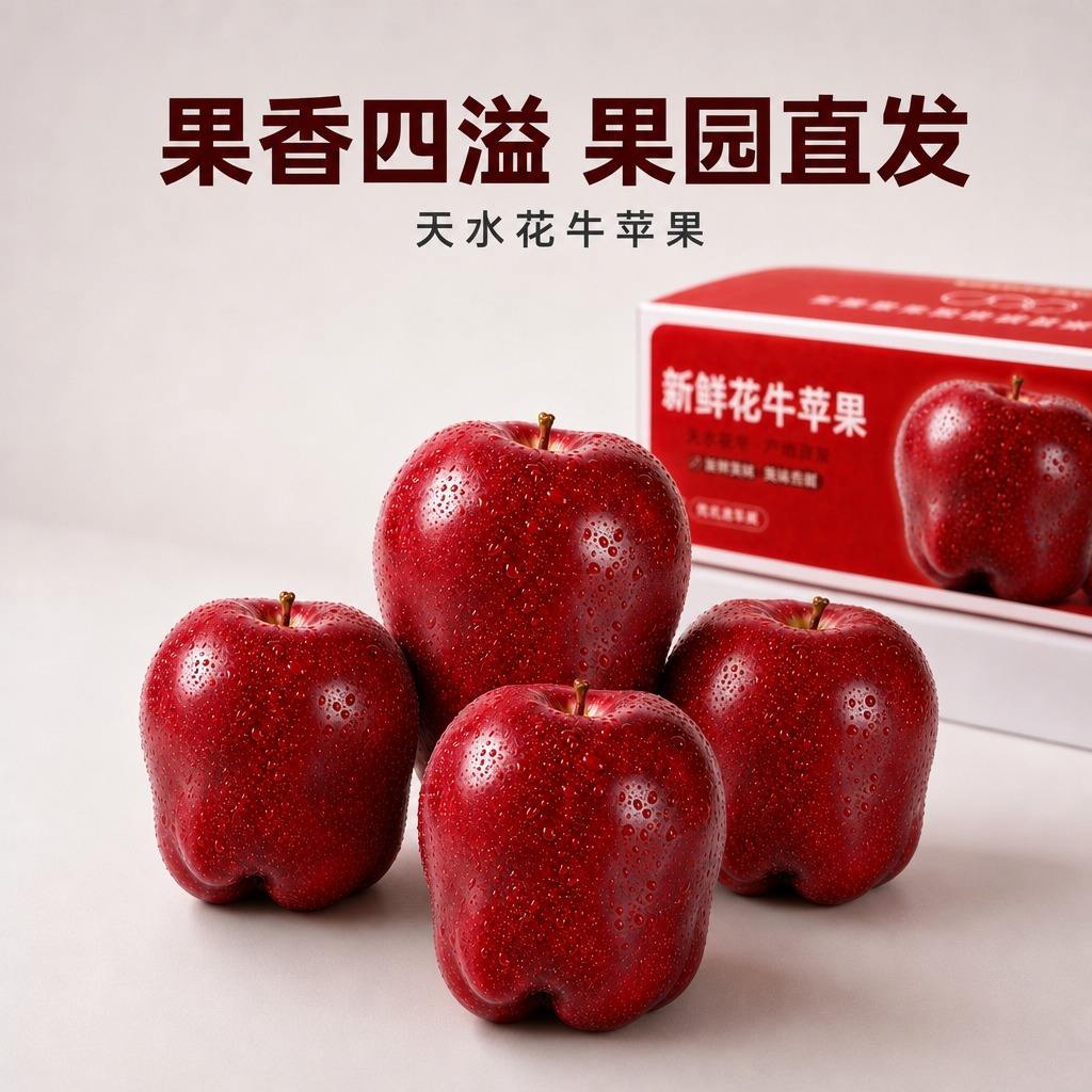 在这张天水花牛苹果图片的画面上方添加文字，文字样式参考参考图：… - 图片创意预览