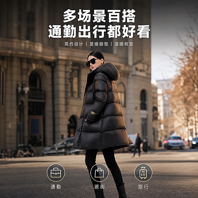 [主图-3] 场景延展图，主题：多场景百搭 通勤出行都好看。[统一基调] 高级户外编辑风，城市街景背景，主标题白色粗体无衬线字，辅助文案浅灰色小号字，强调色金色，整体干净有质感。[画面] 同一位亚洲年轻女模特，黑色直发，精致妆容，身穿同款黑色中长款连帽泡芙羽绒服，内搭黑色高领毛衣，黑色紧身裤，黑色短靴。模特走在现代城市街道上，背景是虚化的城市建筑和冬日街景，有淡淡的冬日氛围。模特位于画面中央，占画面约60%，自然行走姿态，一手插口袋，回头看向镜头方向，衣摆随步伐轻微摆动，展现羽绒服的日常穿搭效果。画面上方居中位置放大标题，下方配一行副标题。画面底部横向排列3个场景小图标：通勤、逛街、旅行。[光影质感] 自然光感，冬日柔和日光，人物光影自然融入街景，羽绒蓬松有立体感，背景虚化突出主体。[配色] 背景城市冬日暖调街景，主标题白色，辅助文字浅灰，强调色金色，羽绒服黑色。[文字版式] 主标题居中放在画面上方，副标题在主标题下方，字号缩小50%以上。底部3个场景图标横向均匀排列，每个图标配两个字说明。[输出要求] 比例1:1，文字清晰，产品清晰，无错字，无水印，无平台Logo，模特自然不僵硬。
