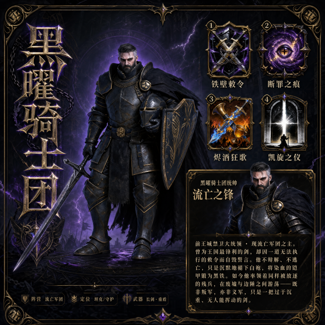 生成黑曜骑士团角色游戏界面，参考提供的图片:
1. 黑曜骑士全身像放置在画面中心，人物居中
2. 画面右侧上方，四个技能图标按1到4顺序呈扇形排列，技能图标样式与参考图保持一致，四个技能分别是：铁壁敕预览效果
