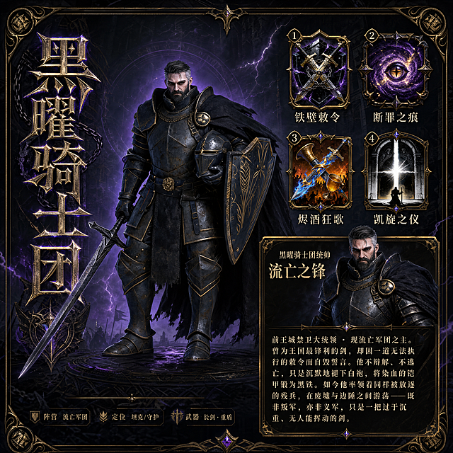生成黑曜骑士团角色游戏界面，参考提供的图片:
1. 黑曜骑士全身像放置在画面中心，人物居中
2. 画面右侧上方，四个技能图标按1到4顺序呈扇形排列，技能图标样式与参考图保持一致，四个技能分别是：铁壁敕令（对应https://gdesign-dam-hz.dancf.com/36713025295992988/462c2a4ddbd149d18dc14204291d21df.png），断罪之痕（对应https://gdesign-dam-hz.dancf.com/36713024694233176/c6d290f030ac43679cdddd30a80a61a4.png），烬酒狂歌（对应https://gdesign-dam-hz.dancf.com/36713025170162721/573c1dd4f9cc4c5da4b592c6ed72f8ec.png），凯旋之仪（对应https://gdesign-dam-hz.dancf.com/36713025241994303/769af8991cca46e0b516c59c40449951.png），并按照顺序把四个技能的名字写在对应图标下方
3. 画面右侧下方放置人物简介区域，区域内使用该角色半身像，简介内容是：前王城禁卫大统领 · 现流亡军团之主。曾为王国最锋利的剑，却因一道无法执行的敕令而自毁誓言。他不辩解、不逃亡，只是沉默地褪下白袍，将染血的铠甲锻为黑铁。如今他率领着同样被放逐的残兵，在废墟与边陲之间游荡——既非叛军，亦非义军，只是一把过于沉重、无人能挥动的剑。
4. 画面左侧用艺术字体写上标题“黑曜骑士团”，暗黑华丽游戏UI风格，黑金紫配色，高细节