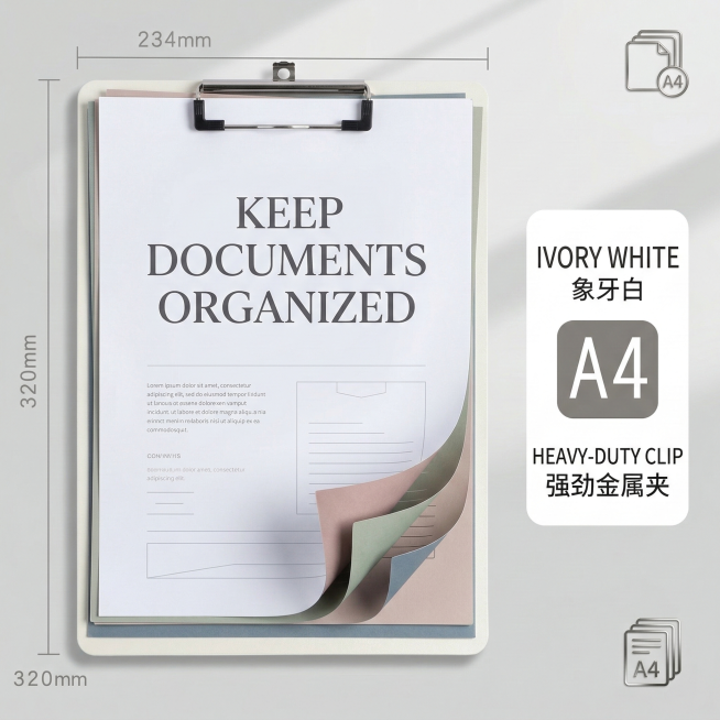 莫兰迪色A4文件夹板夹资料收纳效果详情图，展示板夹夹着多份文件的状态，突出英文"KEEP DOCUMENTS ORGANIZED"字样，背景为低饱和度浅灰色，产品严格按照原图样式，整体风格简约整洁，符预览效果