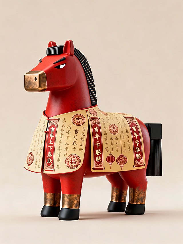 喜庆红马身披国潮春联铠甲，融合中式元素与软3D设计，鎏金细节点缀，金属质感与卡通造型碰撞，传递新年吉祥祝福。