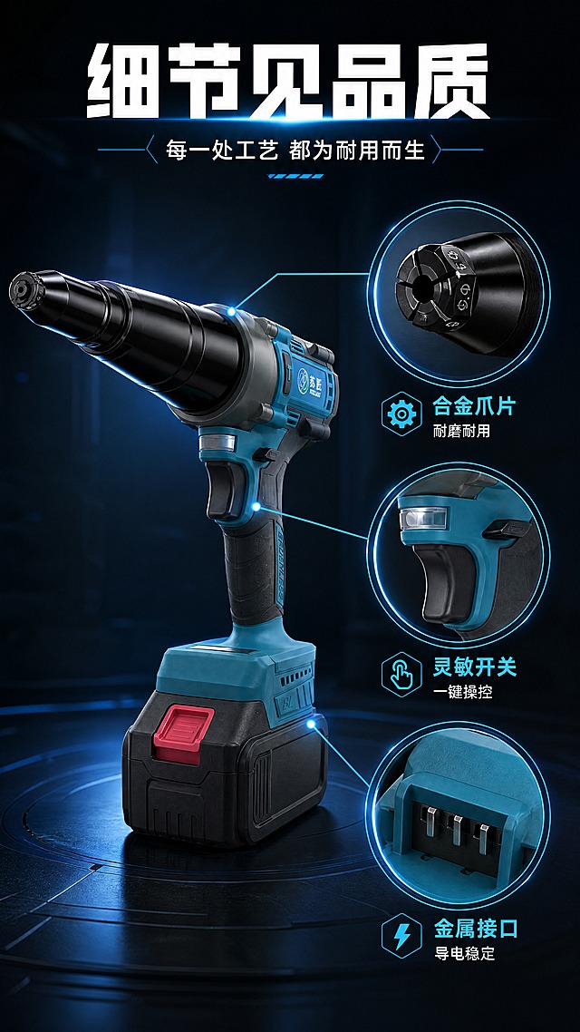 [商品] 使用【图1】苏匠无刷电动拉铆枪；保留青蓝+黑灰机身配色、枪头结构、"苏匠SUJIANG"Logo等全部结构与外观细节。
[画面] 第7张·细节微距（主图+细节卡型）。目标：展示关键部位工艺品质。产品主体置于画面左侧约40%区域，右侧分布3个圆形放大细节框，分别放大展示：枪头合金爪片、扳机开关细节、电池接口金属触点；每个细节框有引线指向产品对应部位；深色背景配蓝色光效点缀。
[视觉] 套系策略：风格=工业科技风高级商业摄影；标题字=粗黑无衬线工业字体；正文字=简洁无衬线体；主色=青蓝+深黑；背景延展=深黑到深蓝灰渐变、科技感光晕、金属质感；强调色=亮青蓝色，仅用于小面积光效、图标、引线和重点文字高亮；标题色=纯白；正文色=浅灰白；组件=圆形放大框、细线引线、工业风图标；光影=左前侧硬光+右侧蓝色轮廓光，突出金属质感与体积感。
[文字] 顶部主标题"细节见品质"，副标题"每一处工艺 都为耐用而生"；三个细节分别标注"合金爪片 耐磨耐用"、"灵敏开关 一键操控"、"金属接口 导电稳定"；文字均为横排。
[规格] 图片比例9:16竖版，4K，负向提示：避免变形、错字、文字过小、产品颜色改变、结构失真、极限词、平台Logo、水印、二维码。