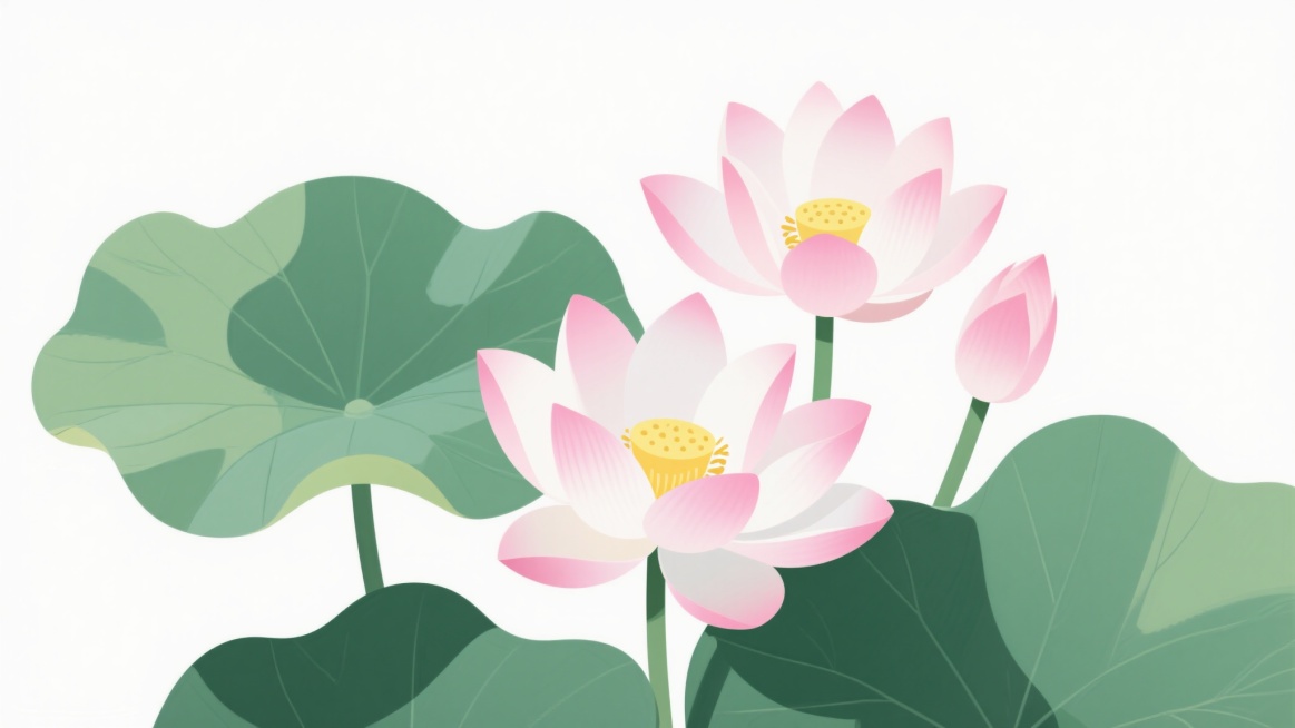 一张现代简约风格的插画，画面主体为三朵盛开的荷花和几片荷叶，荷花花瓣呈现出粉白色渐变，花蕊为黄色，荷叶为绿色，带有自然的纹理和阴影，整体色彩保持原图的粉白、黄色和绿色调，背景为纯白色，构图简洁大方，线条流畅，具有清晰的视觉层次，给人一种清新、雅致的感觉。预览效果
