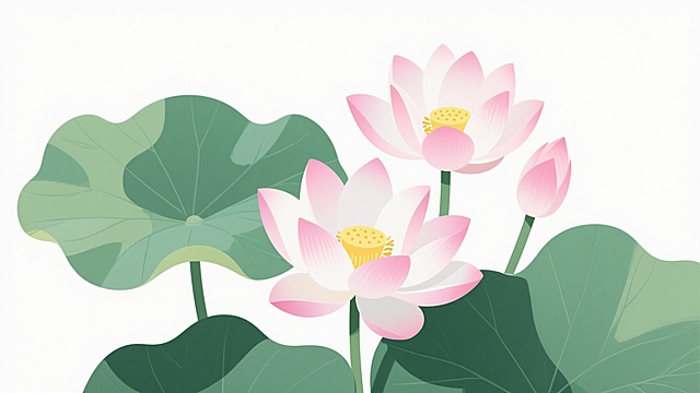 一张现代简约风格的插画，画面主体为三朵盛开的荷花和几片荷叶，荷花花瓣呈现出粉白色渐变，花蕊为黄色，荷叶为绿色，带有自然的纹理和阴影，整体色彩保持原图的粉白、黄色和绿色调，背景为纯白色，构图简洁大方，线条流畅，具有清晰的视觉层次，给人一种清新、雅致的感觉。
