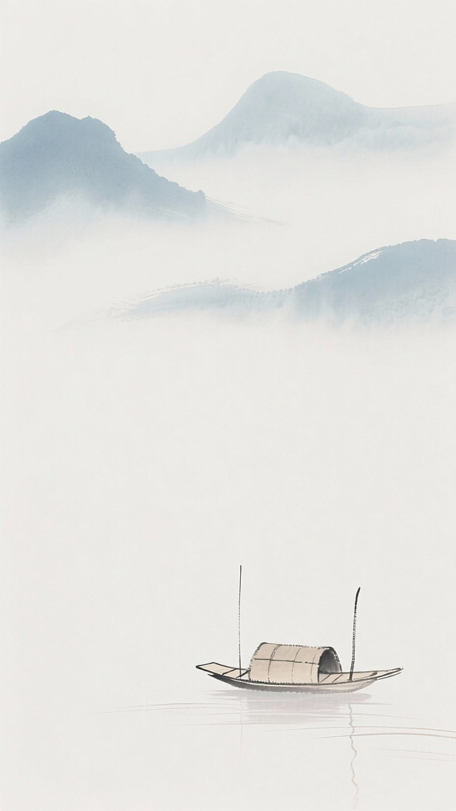 以浅蓝、米白为主色调，远山，云雾，孤舟，大面积留白