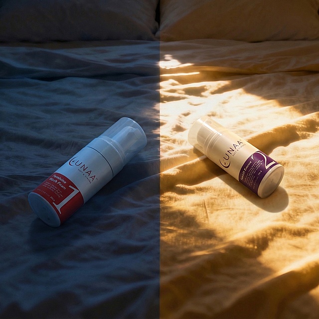 优化两款产品的摆放姿态，红色1号产品自然平躺在床单左侧月光区域，紫色2号产品自然平躺在床单右侧阳光区域，产品轻微倾斜更显自然，完全保留原产品包装设计，光影与场景光线精准匹配，完全融入床单环境。