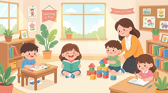 使用提供的扁平卡通插画风格，绘制可爱小朋友认真学习的场景，小朋友形象软萌圆润，表情活泼开朗，色彩明亮清新，整体风格温馨治愈，画面为横向构图