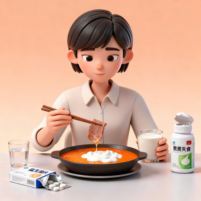趣味3D插画风格，餐厅餐桌前，一位理性自知年轻中性形象，短发整齐，穿着简约衬衫，面前摆着一份微辣火锅和一杯温酸奶，正用筷子夹起一片肉先蘸醋再入口动作从容，桌上放着一盒益生菌片已拆开一片，旁边还有一杯温预览效果