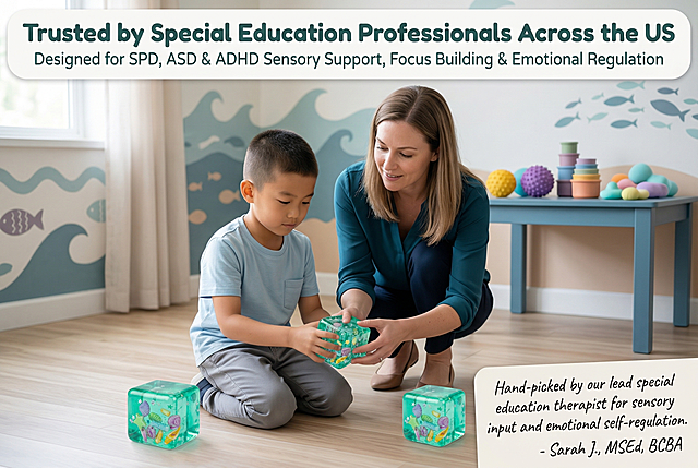 严格还原产品细节，包括5cm×5cm正方体造型、透感湖绿色水晶外壳、内嵌海洋贝壳、海星、小鱼立体元素、星星镭射闪片等所有细节，产品尺寸比例精准还原，多巴胺莫兰迪色系为主，整体色调统一和谐，温暖治愈有质感，适配美国亚马逊详情页的欧美商业摄影风格，高清8K，柔光自然，杂志级精致排版，目标市场美国。画面场景为美国专业特殊教育中心的明亮感统训练教室，莫兰迪浅木色地板，墙面布置着温和的海洋主题装饰，画面中心是35岁白人女性特教老师，蹲在地上，温柔地指导8岁患有自闭症的亚裔小男孩捏握产品，小男孩专注地看着产品，表情平静放松，旁边的桌子上摆放着其他感统训练教具，画面左右两侧散落着2个同款产品，清晰展示产品细节。画面顶部通栏设置圆润加粗无衬线英文主标题"Trusted by Special Education Professionals Across the US"，主标题下方设置小号圆润无衬线英文副标题"Designed for SPD, ASD & ADHD Sensory Support, Focus Building & Emotional Regulation"，文字采用莫兰迪深海绿色，搭配白色圆角色块背景；画面右下角放置特教老师手写推荐语的轻量贴图，整体采用上图下文的沉浸式排版，传递专业权威的背书价值，区别于普通解压玩具。负面提示：画面模糊、产品变形、颜色失真、杂乱的教室场景、低分辨率、水印、文字拼写错误、模特表情僵硬、产品细节缺失、比例失调、产品被遮挡、阴暗光线、不符合特教场景的元素、过度夸张的特效