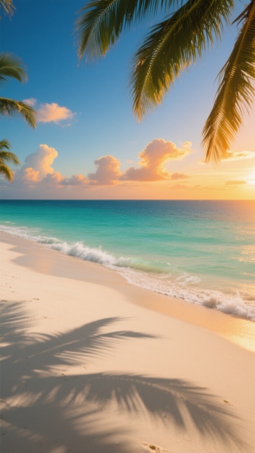 阳光明媚的热带海滩，从沙滩向海面延伸的低角度透视，温暖的夕阳余晖洒在米白色沙滩上，形成长长的棕榈叶阴影，远处是渐变的深蓝色海天相接，近处海水呈现清澈的绿松石色，细小的浪花轻轻拍打着 shoreline，天空中点缀着几朵金色边缘的云彩，温暖的橙色和黄色阳光与冷色调的海水形成鲜明对比，营造出宁静而浪漫的黄昏氛围，画面边缘有几片低垂的棕榈叶，增加了层次感和热带风情。预览效果
