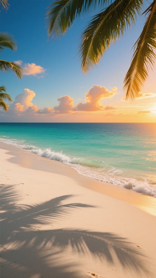 阳光明媚的热带海滩，从沙滩向海面延伸的低角度透视，温暖的夕阳余晖洒在米白色沙滩上，形成长长的棕榈叶阴影，远处是渐变的深蓝色海天相接，近处海水呈现清澈的绿松石色，细小的浪花轻轻拍打着 shoreline，天空中点缀着几朵金色边缘的云彩，温暖的橙色和黄色阳光与冷色调的海水形成鲜明对比，营造出宁静而浪漫的黄昏氛围，画面边缘有几片低垂的棕榈叶，增加了层次感和热带风情。