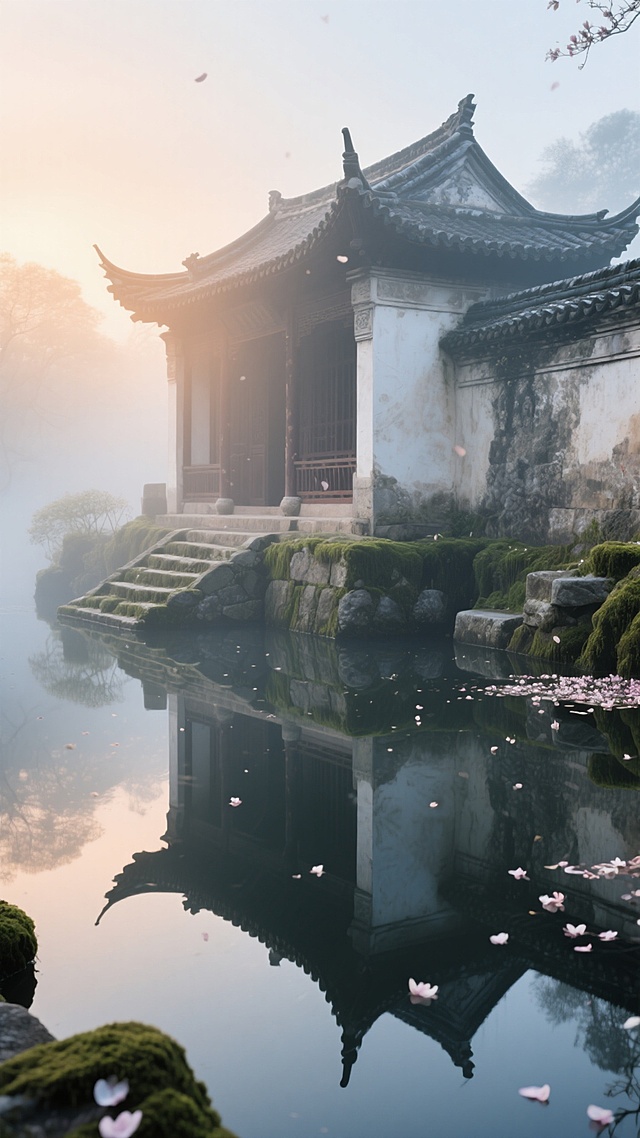 晨光穿透薄雾，洒在古老石制建筑的飞檐翘角上，建筑周围环绕着青苔覆盖的石阶与平静如镜的水面，水面倒映着建筑的轮廓和飘落的花瓣，整体色调以深灰蓝、米白和浅赭石色为主，营造出宁静而高级的历史氛围感，光影柔和，细节丰富，宛如一幅精致的水墨画。
