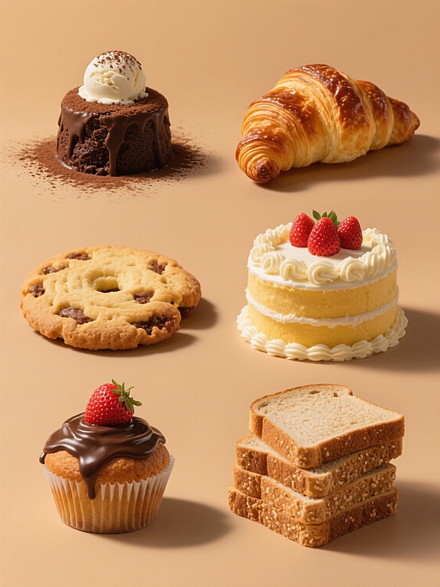 纯色背景，6个不同烘焙元素的系列素材集合规整排布，每个元素保持超写实摄影风格，具有金黄酥脆的质感、细腻的糖霜/粉末细节和清晰的高光阴影，元素包括：1. 撒满可可粉的巧克力熔岩蛋糕配香草冰淇淋球，2. 表面呈焦糖色的牛角面包，层次分明，3. 顶部有草莓和奶油裱花的圆形生日蛋糕，4. 表面光滑的黄油曲奇饼干，边缘微焦，5. 淋着巧克力酱的草莓马芬蛋糕，6. 堆叠的全麦吐司片，带有自然麦麸纹理，整体构图对称平衡，色彩统一为暖色调，光线从斜上方照射，突出食物的立体感和新鲜感