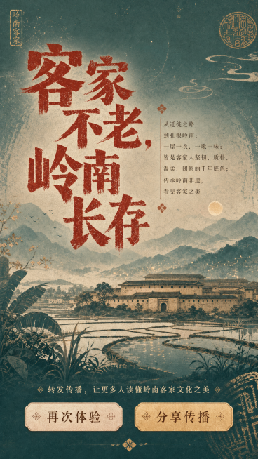 H5封面设计，全屏静谧岭南风景，带有围龙屋剪影。整体风格是印章版画肌理，手绘简约国风，图案带有斑驳颗粒篆刻磨损质感，气质厚重质朴，温柔治愈，年轻新潮，拒绝卡通Q版和网红风。主文案大字"客家不老，岭南长预览效果