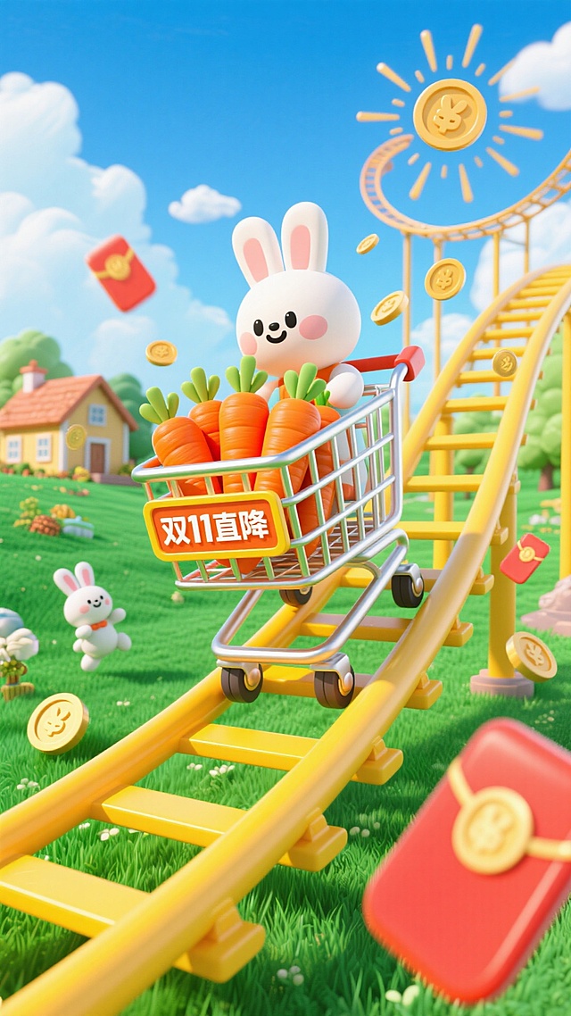 主视觉为装满胡萝卜的购物车在黄色过山车轨道上快速滑行，购物车上写“双11直降”，背景包含绿色草地，乡村农舍和蓝天白云。草地上有兔子。很多红包和金币在购物车旁呈放射性从远处向屏幕前来。