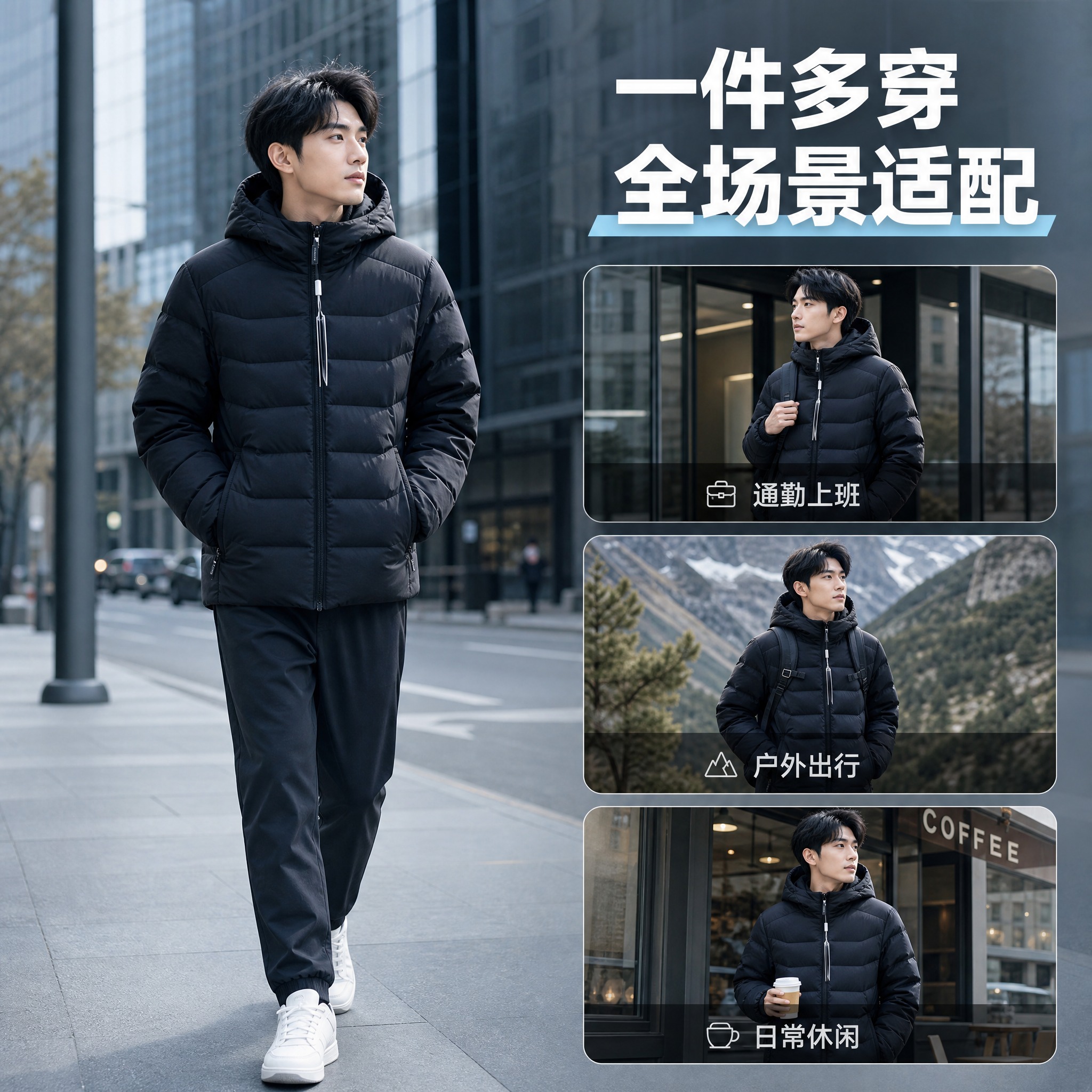 [主图-3] 多场景适用展示图，展示羽绒服在不同生活场景中的穿… - 图片创意预览