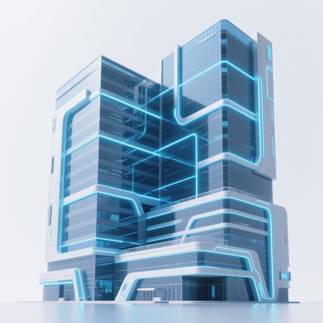 一座现代化写字楼的3D渲染可视化建筑，具有强烈的科技感，建筑表面有蓝色发光线条勾勒轮廓和结构，背景为纯白色，整体画面简洁明亮，突出建筑的未来感和科技氛围预览效果