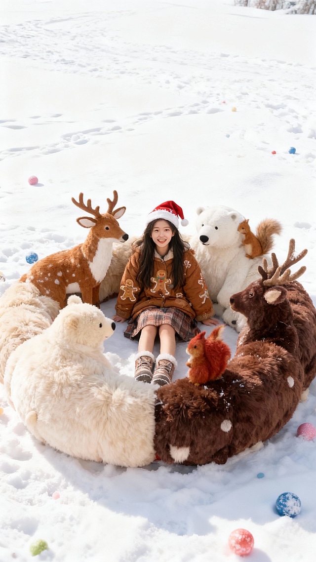 软3D风毛绒动物围圈环绕，拟人化设计营造梦幻温馨圣诞氛围，面料质感细腻，萌趣十足，尽显可爱与喜庆感。