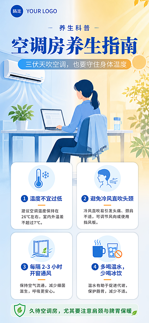 三伏天养生科普宣传空调房防暑健康指南简约插画风全屏竖版海报