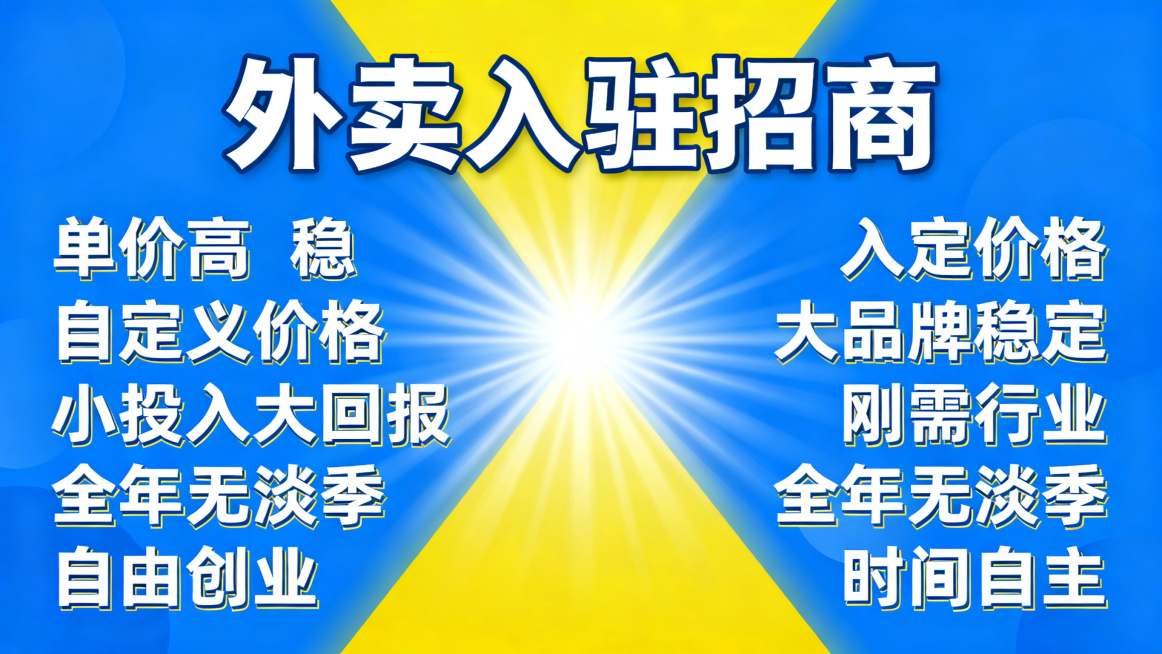 帮忙生成20张，外卖平台入驻，文案突出单价.高 稳. 自定义价格 .大品牌稳定 小投入大回报｜刚需行业｜全年无淡季 自由创业｜时间自主｜收益上不封顶 不要有联系方式以及LOGO预览效果
