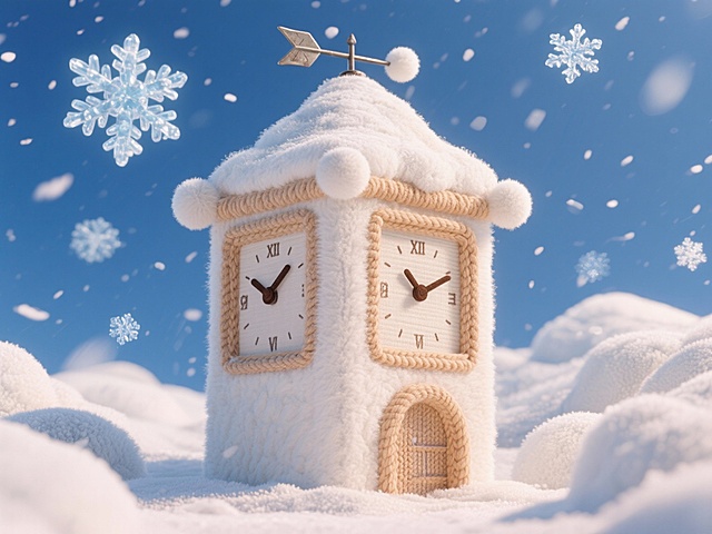 软3D风毛绒钟楼，融合毛发生长与面料质感，梦幻雪景中萌趣十足，温馨可爱，节日氛围浓厚。