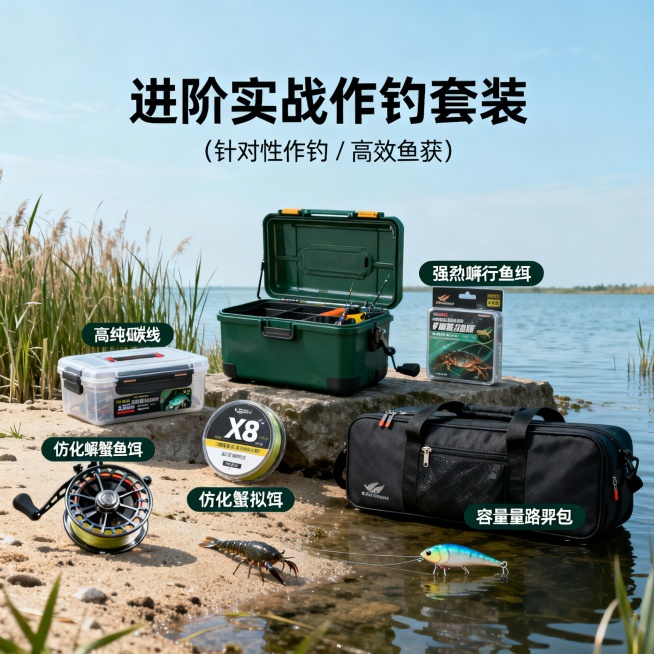 帮我根据这几个产品做一个套餐图，卖点写进阶实战作钓套装（针对性作钓 / 高效鱼获）预览效果