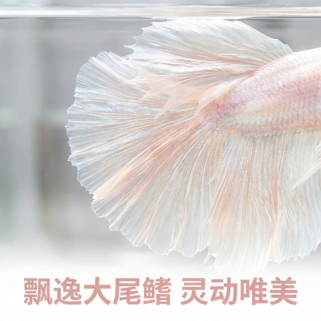 [主图 3] 尾鳍细节特写主图
[氛围/风格] 高清微距，干净通透，突出细节质感
[画面元素] 放大聚焦泰国斗鱼飘逸尾鳍，高清微距展示尾鳍纹理透白质感，保留斗鱼原本透白浅粉色调，鱼缸水质干净清澈，背景预览效果