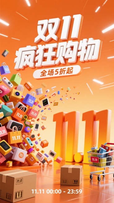 卡通3D风格双11促销海报，暖橙色为主色调，画面上方中央位置白色粗体立体大字“双11疯狂购物”，下方小字“全场5折起”，左侧和中间区域大量色彩缤纷的商品（各色购物袋、包装盒、电子产品、带“11.11”预览效果