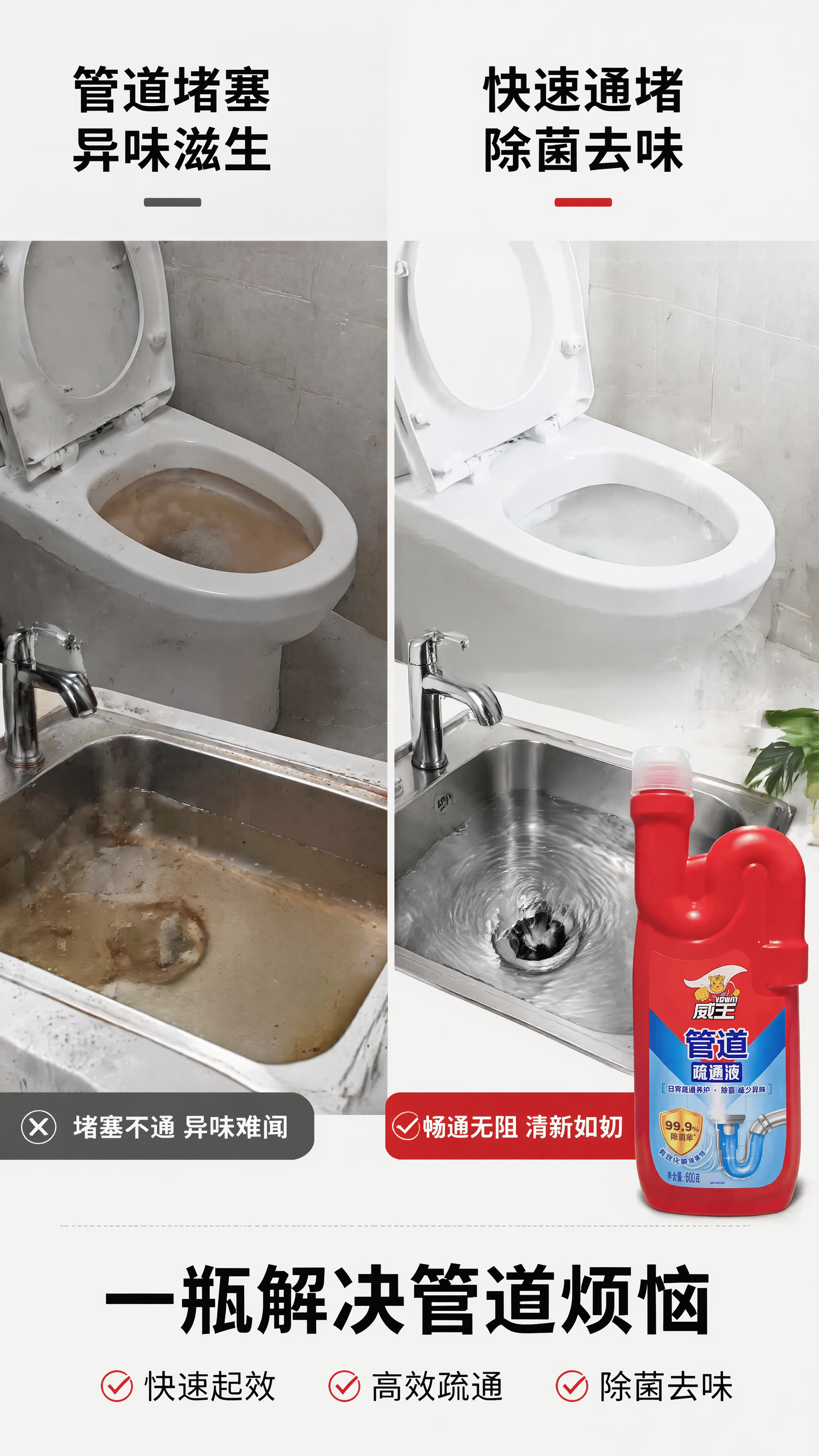 [第2屏] 痛点与解决-威王管道疏通液痛点解析。本屏使用【图1… - 图片创意预览