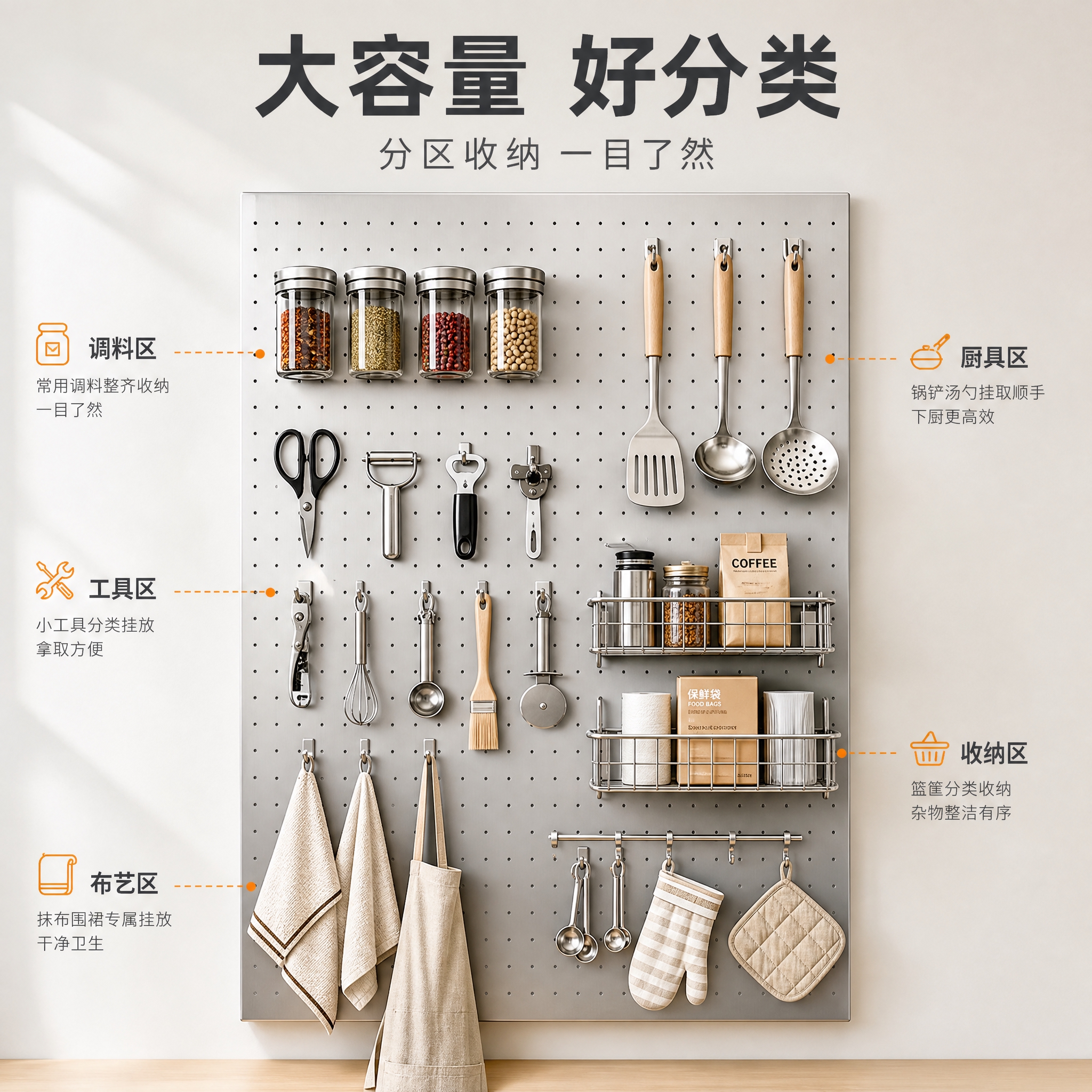 [主图-2] 不锈钢洞洞板大容量分类收纳展示图，核心亮点，证明… - 图片创意预览