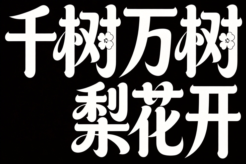 参考参考图字体结构，重新设计横向排版文字"千树万树梨花开"，白字，纯黑色背景，更夸张书法风格，黑体变形，笔画边缘轻盈，更强夸张的笔画张力和连笔处理，极具艺术感，笔画粗细变化更大，每个笔画都带俏皮弧度，预览效果