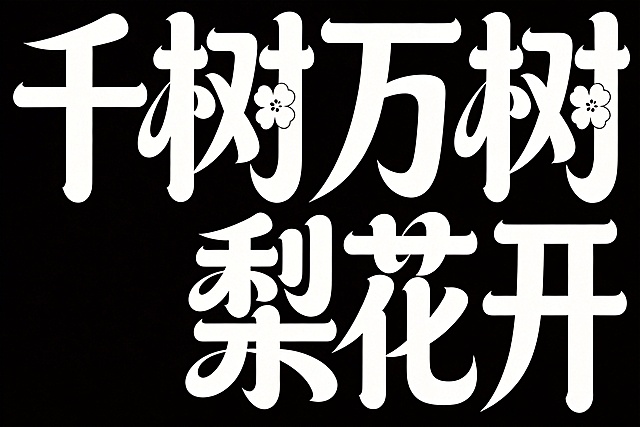 参考参考图字体结构，重新设计横向排版文字"千树万树梨花开"，白字，纯黑色背景，更夸张书法风格，黑体变形，笔画边缘轻盈，更强夸张的笔画张力和连笔处理，极具艺术感，笔画粗细变化更大，每个笔画都带俏皮弧度，用花瓣形代替点笔画，整体体现青春活力，夸张风格，边缘轻盈，笔画边缘拉长，俏皮弧度，富有书法气度，字体与图片边缘保持1cm留白
