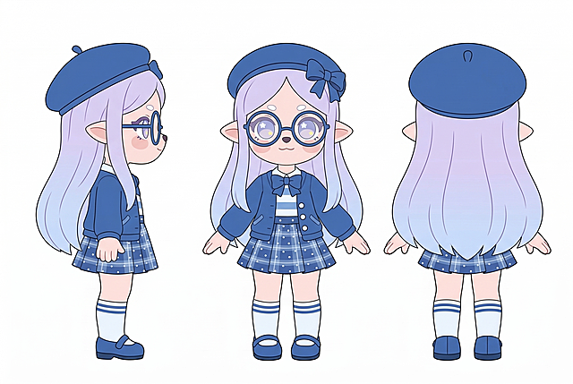 参考原图的角色设计，改成平面插画风格，保持角色浅紫渐变长发、蓝色贝雷帽、眼镜、蓝白服装配色的所有设计完全一致，整齐排列正面、侧面、背面三视图，白底背景，平面插画风格