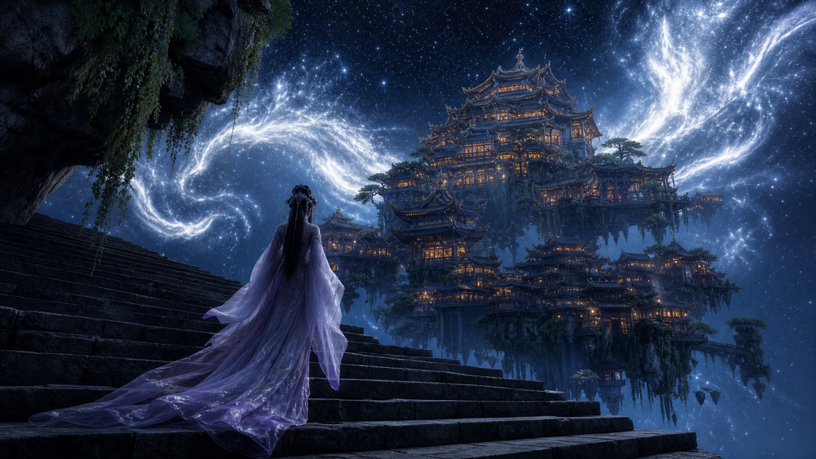 16:9低角度仰拍纵深视角，宽大深色石阶梯斜向延伸占据画面左侧，紫衣女子缓步登梯；巨型浮空天宫为视觉核心，亮白星云铺满整片深空背景；完整背影长发古装女子，乌黑长发盘起发髻，身着渐变浅紫色通透广袖拖地薄预览效果