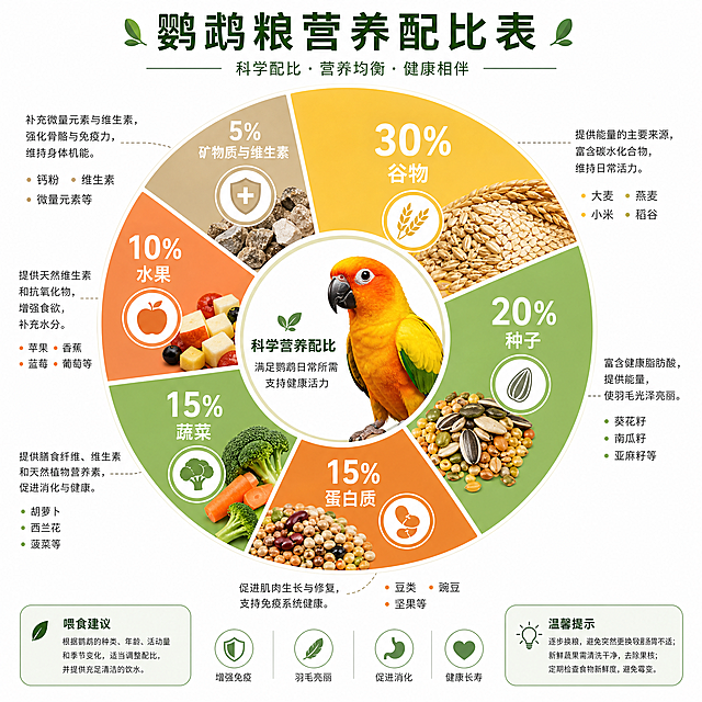 圆盘状信息可视化视图，鹦鹉粮营养配比表，清晰展示不同营养成分占比，信息可视化设计，简洁清晰