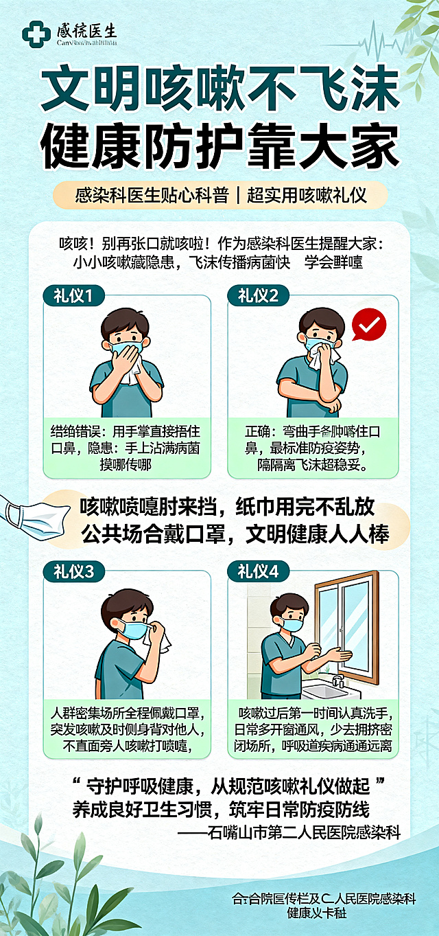 咳嗽礼仪科普长图，整体风格是清新医疗风加趣味卡通风，主色调为浅蓝+暖白+浅绿，配图包含卡通小人、口罩、纸巾、手肘遮挡示意图，适合医院宣传栏使用。顶部顶栏放置醒目标题"文明咳嗽不飞沫 健康防护靠大家"，副标题为"感染科医生贴心科普｜超实用咳嗽礼仪"。开篇写医生口吻引言：咳咳！别再张口就咳啦！作为感染科医生提醒大家：小小咳嗽藏隐患，飞沫传播病菌快 学会正确咳嗽礼仪，远离呼吸道传染病！分为四块图文排版：
礼仪1：咳嗽捂对地方，错误做法是拒绝手掌捂嘴，文字标注❌错误：用手掌直接捂住口鼻，隐患：手上沾满病菌，摸哪传哪；✅正确：弯曲手肘捂住口鼻，文字标注最标准防疫姿势，隔绝飞沫超稳妥。
礼仪2：随身备好纸巾，文明遮挡首选，文字：出门常备干净纸巾，咳嗽、打喷嚏立刻遮挡，用完纸巾立刻折叠丢入垃圾桶，不随手乱扔，杜绝病菌扩散
礼仪3：公共场合戴口罩，轻声避让少交谈，文字：人群密集场所全程佩戴口罩，突发咳嗽及时侧身背对他人，不直面旁人咳嗽打喷嚏，保持距离，减少交叉感染
礼仪4：勤洗手多通风，后期清洁别偷懒，文字：咳嗽过后第一时间认真洗手，日常多开窗通风，少去拥挤密闭场所，呼吸道疾病通通远离
中间放置醒目顺口溜短句：咳嗽喷嚏肘来挡，纸巾用完不乱放 公共场合戴口罩，文明健康人人棒
底部医生结语："守护呼吸健康，从规范咳嗽礼仪做起 养成良好卫生习惯，筑牢日常防疫防线 ——石嘴山市第二人民医院感染科 健康科普"
排版清晰，一图读懂，老少易懂，适配Canva排版，内容完整清晰