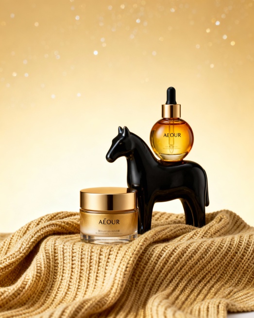 极简主义护肤品静物摄影作品，整体营造纯净、雅致且富有禅意的视觉氛围，融入新年暖奢质感。采用平视角度，使用特写镜头拍摄，中心构图法，主体位于画面中央偏下位置，背景与前景留有大量留白。画面核心是一罐暖金面预览效果