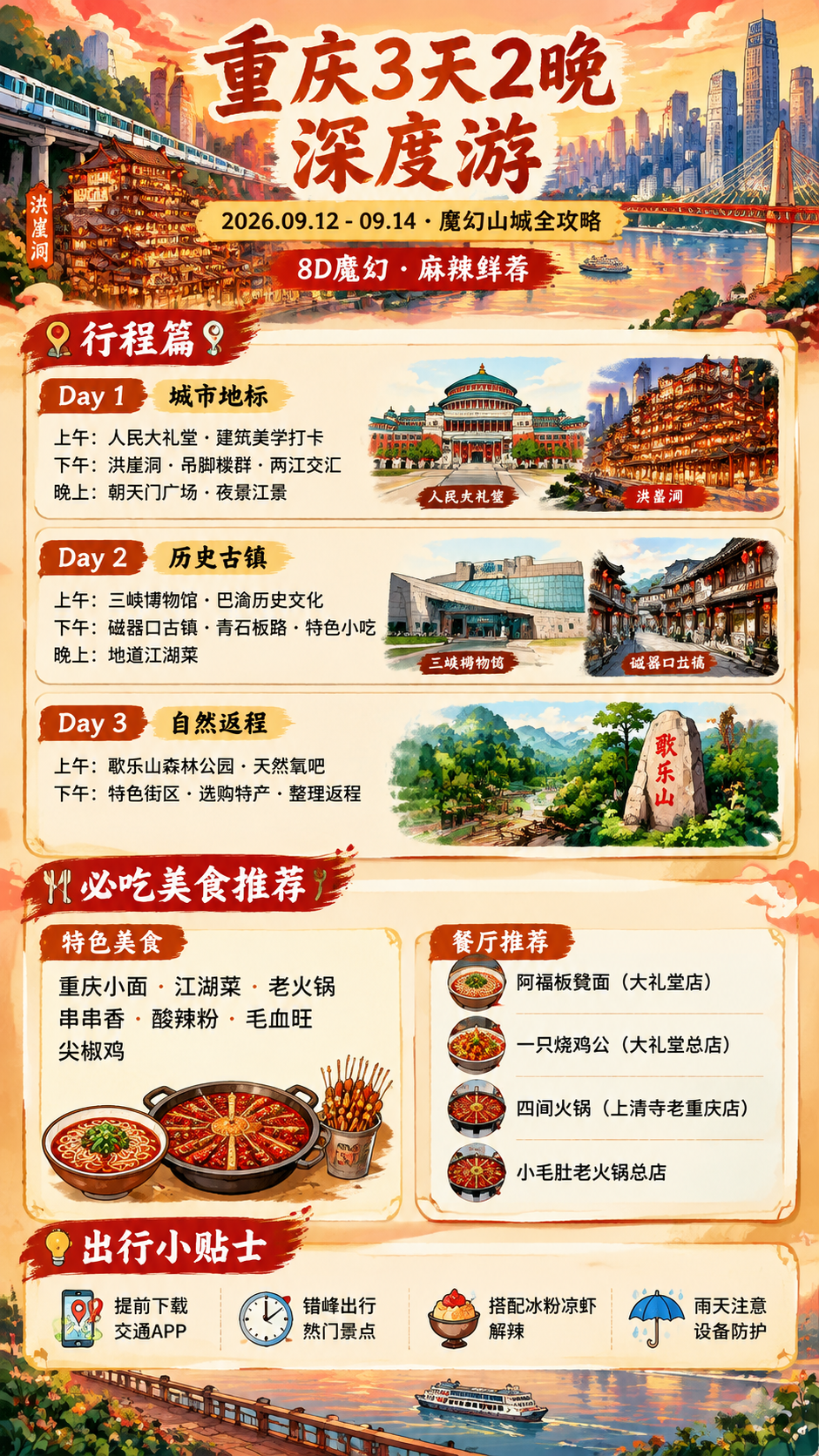 一张重庆3天2晚深度旅游攻略长图海报，竖版9:16比例，国潮市… - 图片创意预览