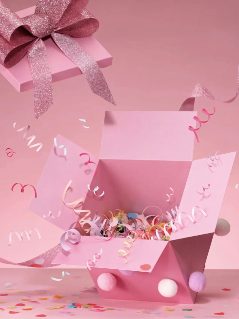 移除图片中的人物手办和所有POP MART品牌logo，保留原有粉色礼物盒、粉色闪粉蝴蝶结、彩色纸屑、彩条和粉色背景，保持整体风格、光影和色彩一致预览效果